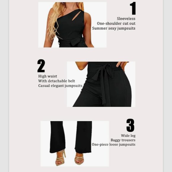 AUXDIO Womens One Shoulder Cutout Wide Leg Jumpsuit w/Belt Sz L -Royal Blue NWOT - Picture 4 of 5